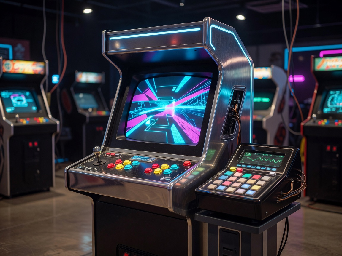 Sleek retro-futuristic arcade technology setup